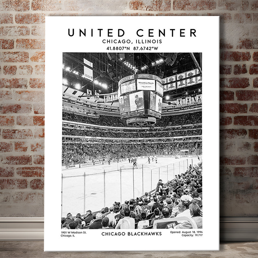 United Center Stadium Black And White, Chicago Hockey Stadium Wall Art Print, Canvas Prints Wall Art, Man Cave Decor