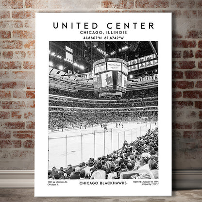 United Center Stadium Black And White, Chicago Hockey Stadium Wall Art Print, Canvas Prints Wall Art, Man Cave Decor