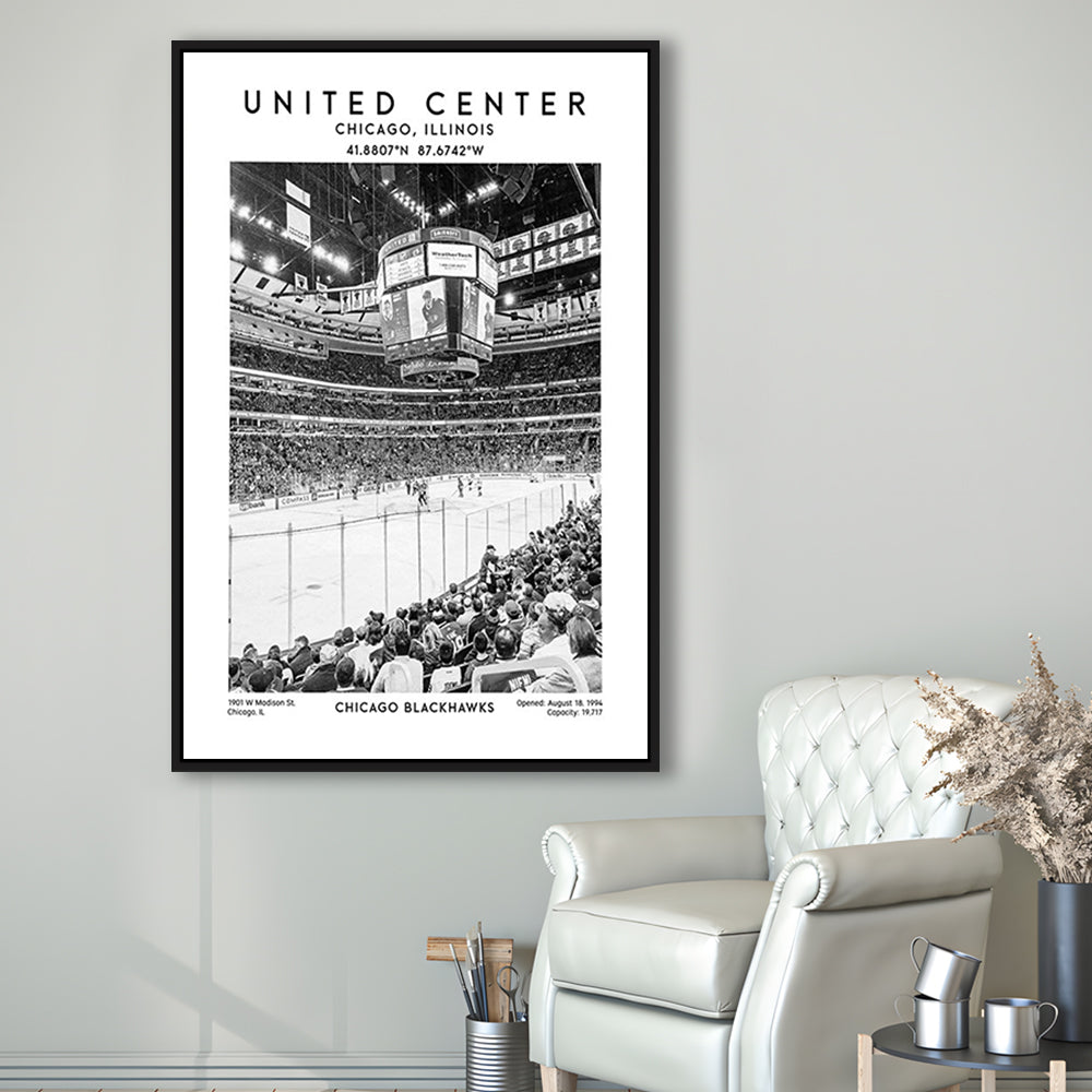 United Center Stadium Black And White, Chicago Hockey Stadium Wall Art Print, Framed Canvas Prints Wall Art