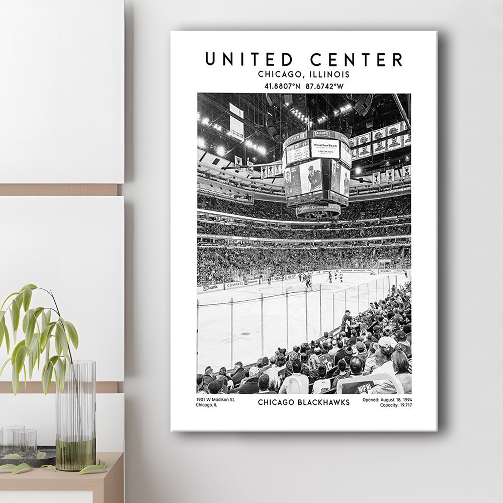 United Center Stadium Black And White, Chicago Hockey Stadium Wall Art Print, Canvas Prints Wall Art, Man Cave Decor