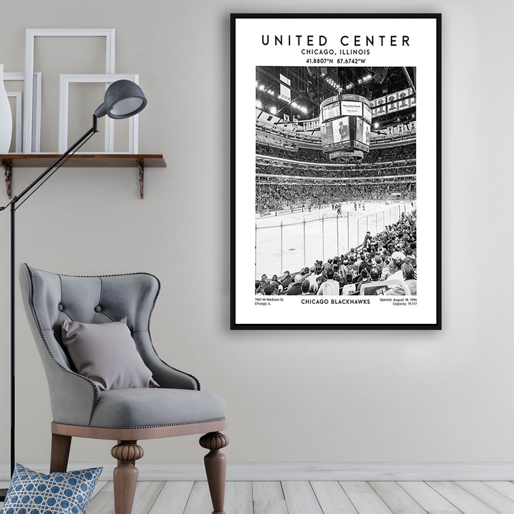 United Center Stadium Black And White, Chicago Hockey Stadium Wall Art Print, Framed Canvas Prints Wall Art