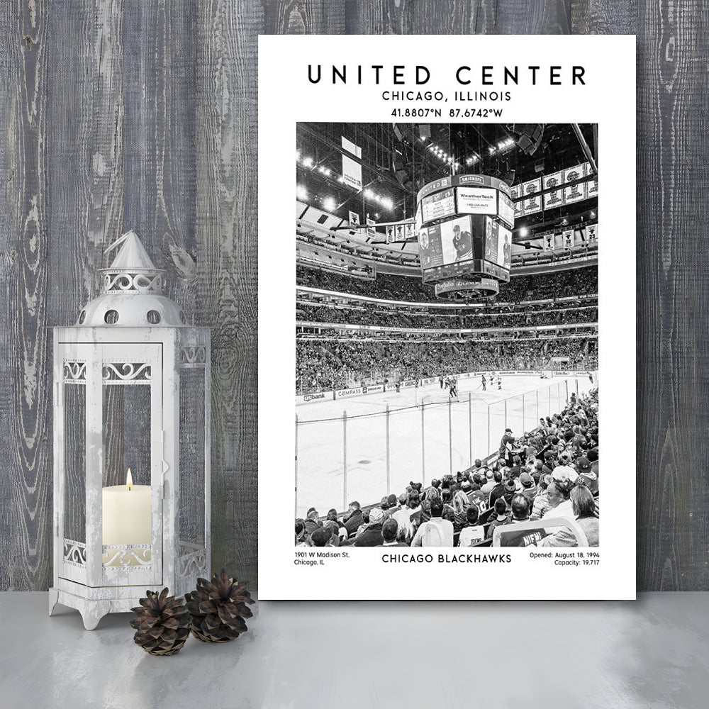 United Center Stadium Black And White, Chicago Hockey Stadium Wall Art Print, Canvas Prints Wall Art, Man Cave Decor