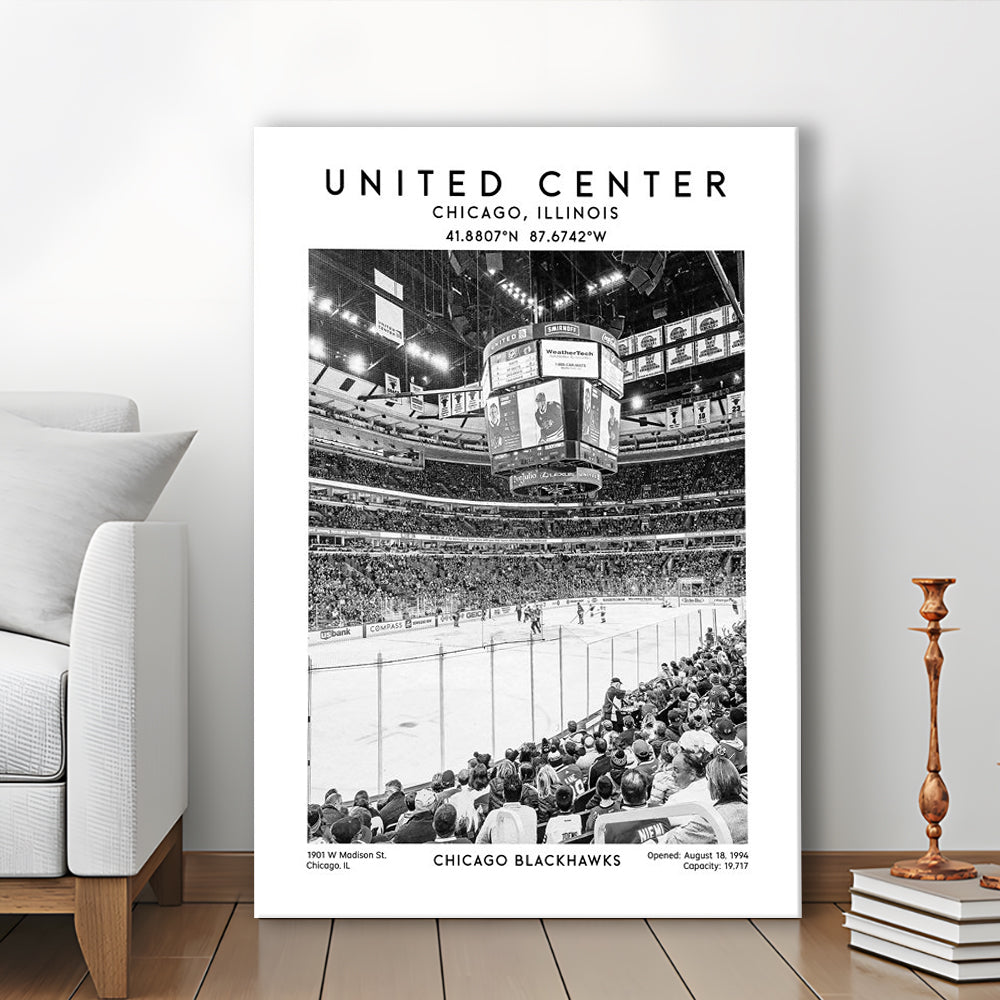 United Center Stadium Black And White, Chicago Hockey Stadium Wall Art Print, Canvas Prints Wall Art, Man Cave Decor