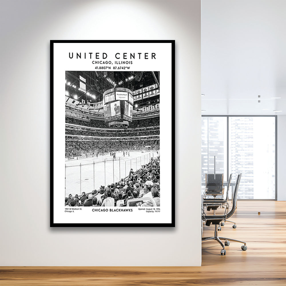 United Center Stadium Black And White, Chicago Hockey Stadium Wall Art Print, Framed Art Prints Wall Decor