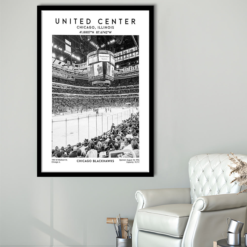 United Center Stadium Black And White, Chicago Hockey Stadium Wall Art Print, Framed Art Prints Wall Decor
