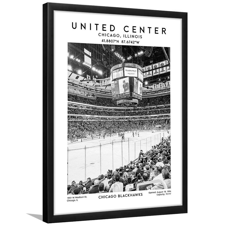 United Center Stadium Black And White, Chicago Hockey Stadium Wall Art Print, Framed Art Prints Wall Decor