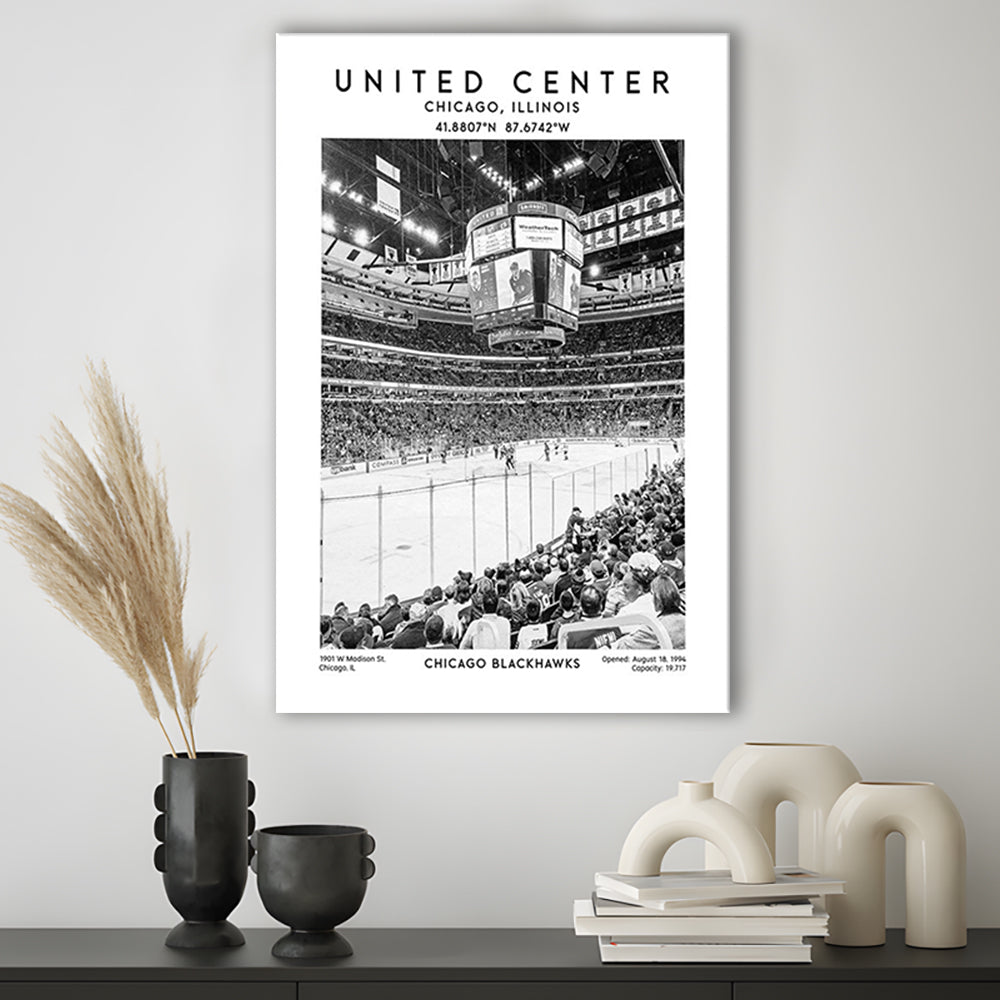United Center Stadium Black And White, Chicago Hockey Stadium Wall Art Print, Canvas Prints Wall Art, Man Cave Decor