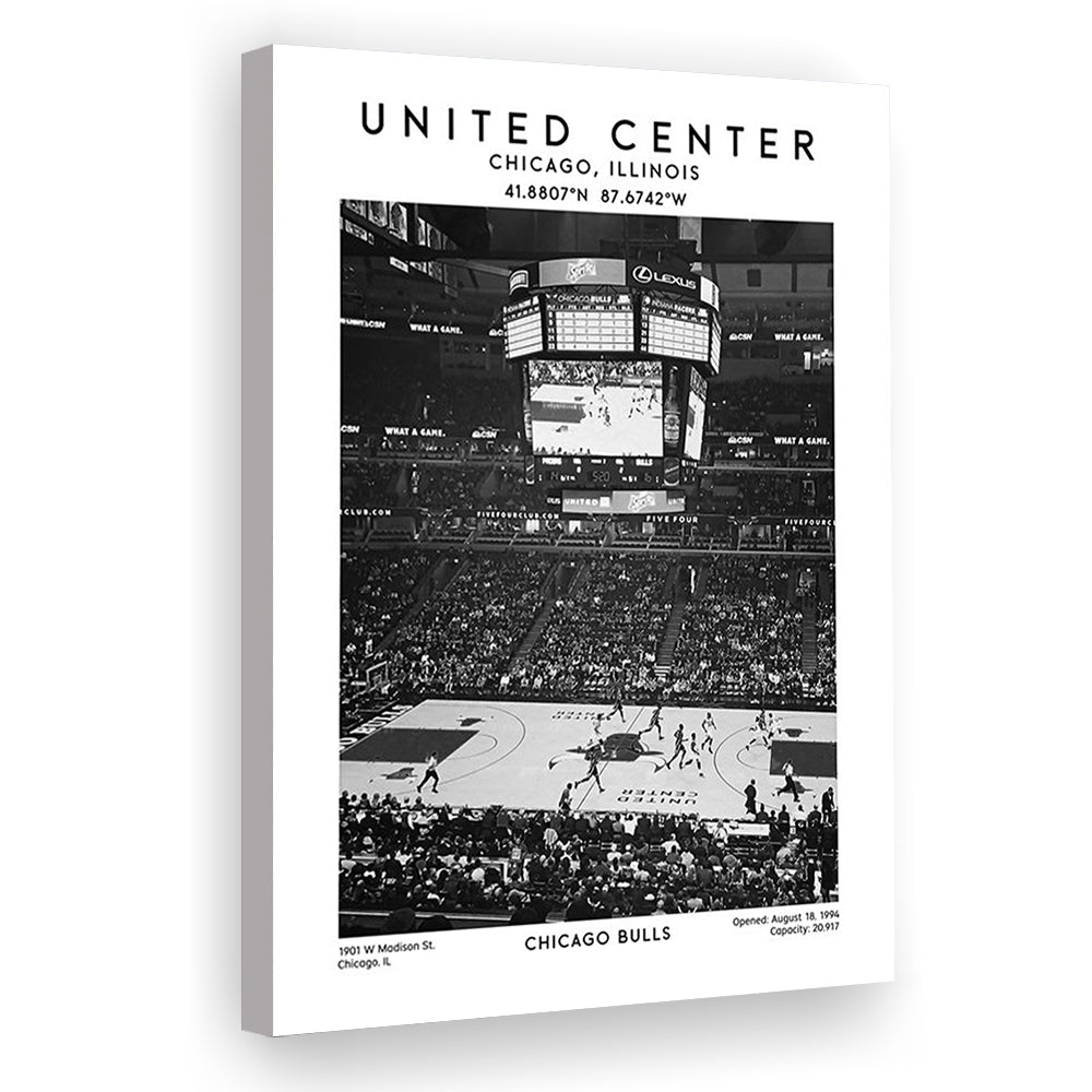 United Center Stadium Black And White, Chicago Basketball Stadium Wall Art Print, Canvas Prints Wall Art, Man Cave Decor