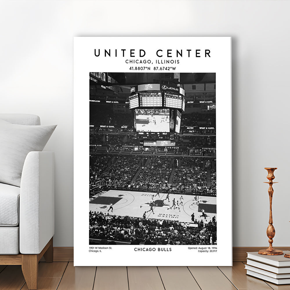 United Center Stadium Black And White, Chicago Basketball Stadium Wall Art Print, Canvas Prints Wall Art, Man Cave Decor