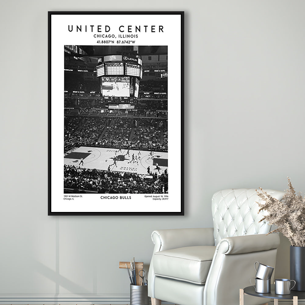 United Center Stadium Black And White, Chicago Basketball Stadium Wall Art Print, Framed Canvas Prints Wall Art
