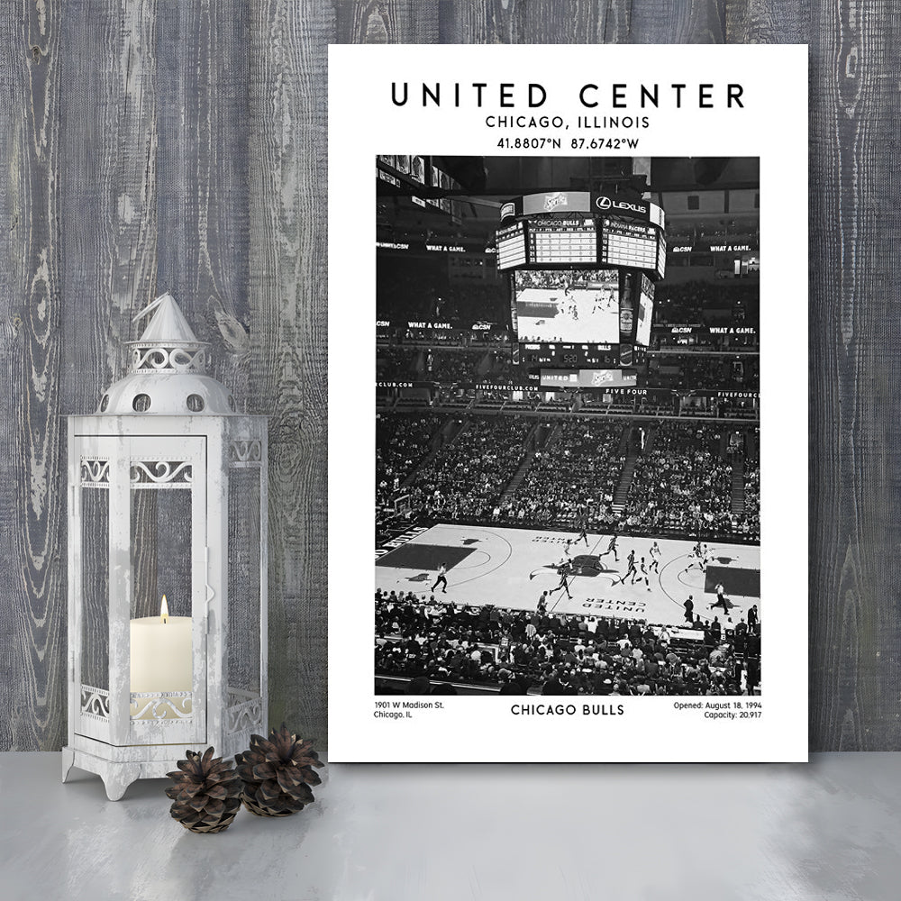 United Center Stadium Black And White, Chicago Basketball Stadium Wall Art Print, Canvas Prints Wall Art, Man Cave Decor