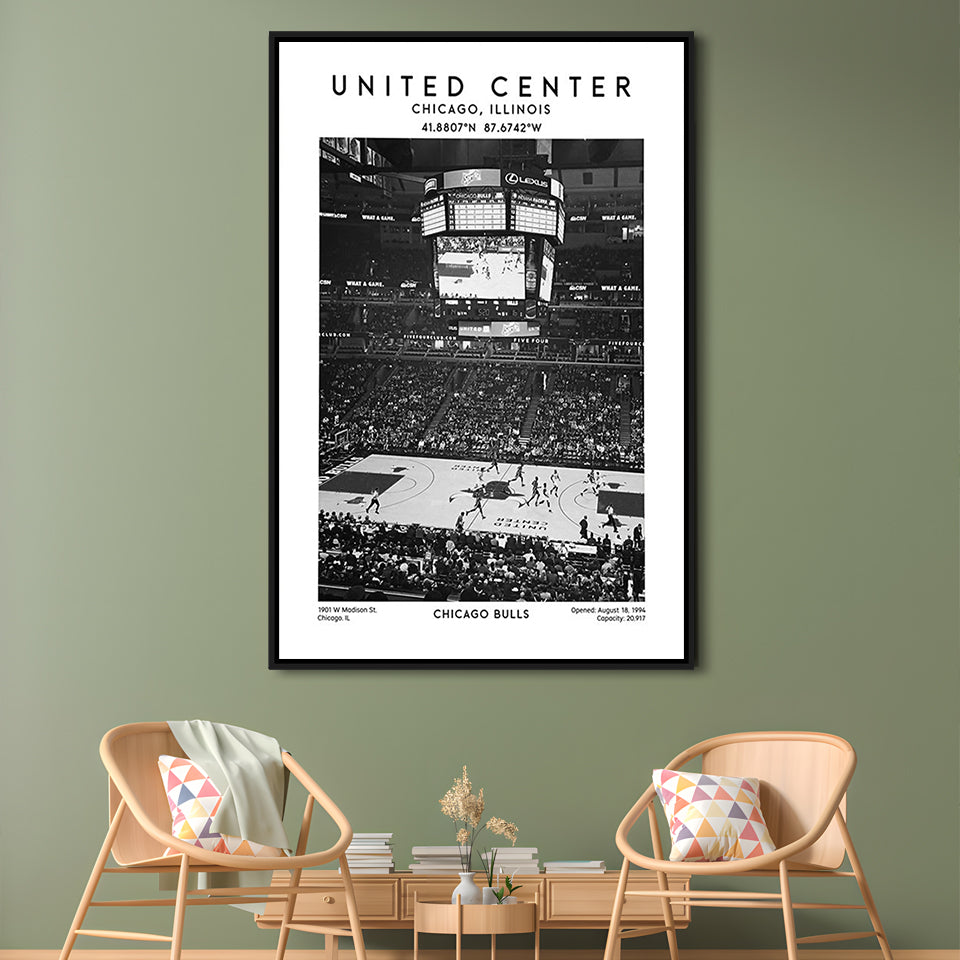 United Center Stadium Black And White, Chicago Basketball Stadium Wall Art Print, Framed Canvas Prints Wall Art