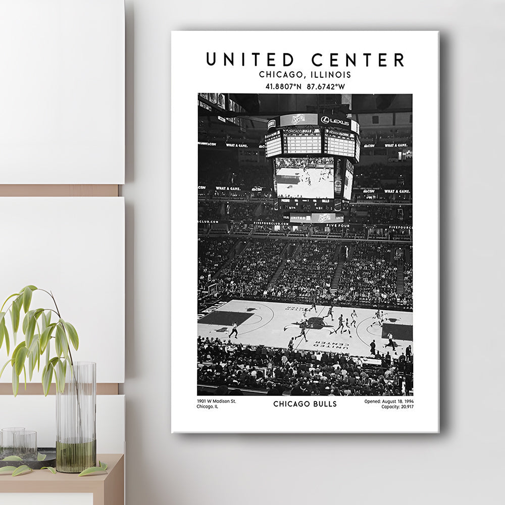 United Center Stadium Black And White, Chicago Basketball Stadium Wall Art Print, Canvas Prints Wall Art, Man Cave Decor