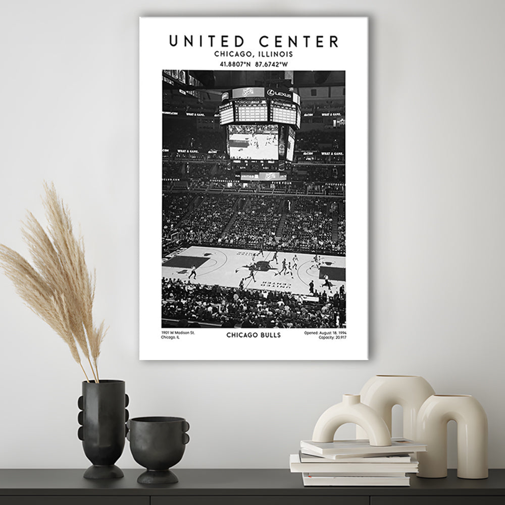 United Center Stadium Black And White, Chicago Basketball Stadium Wall Art Print, Canvas Prints Wall Art, Man Cave Decor