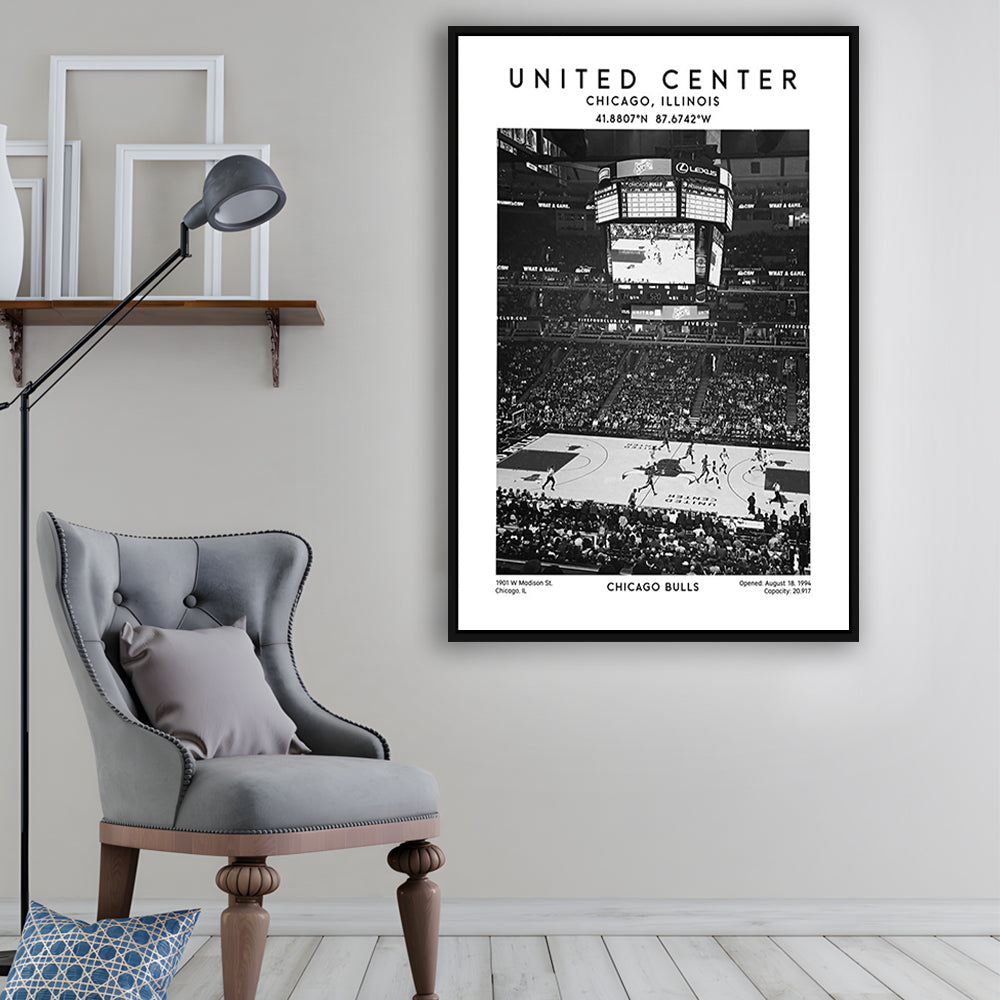 United Center Stadium Black And White, Chicago Basketball Stadium Wall Art Print, Framed Canvas Prints Wall Art