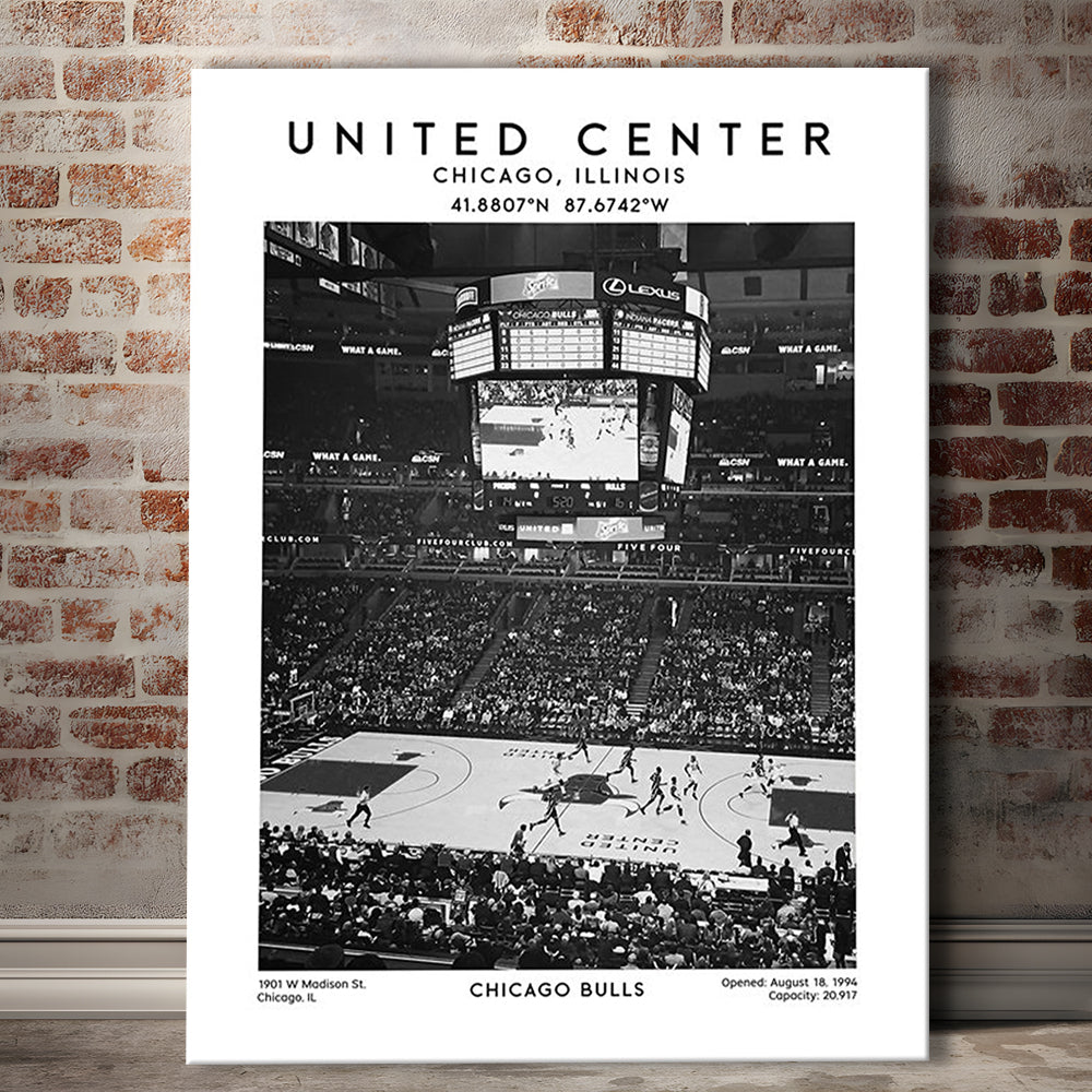 United Center Stadium Black And White, Chicago Basketball Stadium Wall Art Print, Canvas Prints Wall Art, Man Cave Decor