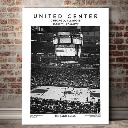 United Center Stadium Black And White, Chicago Basketball Stadium Wall Art Print, Canvas Prints Wall Art, Man Cave Decor
