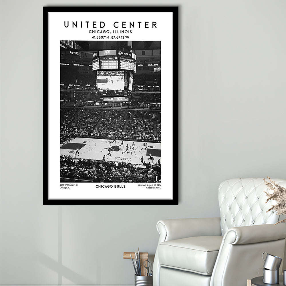 United Center Stadium Black And White, Chicago Basketball Stadium Wall Art Print, Framed Art Prints Wall Decor