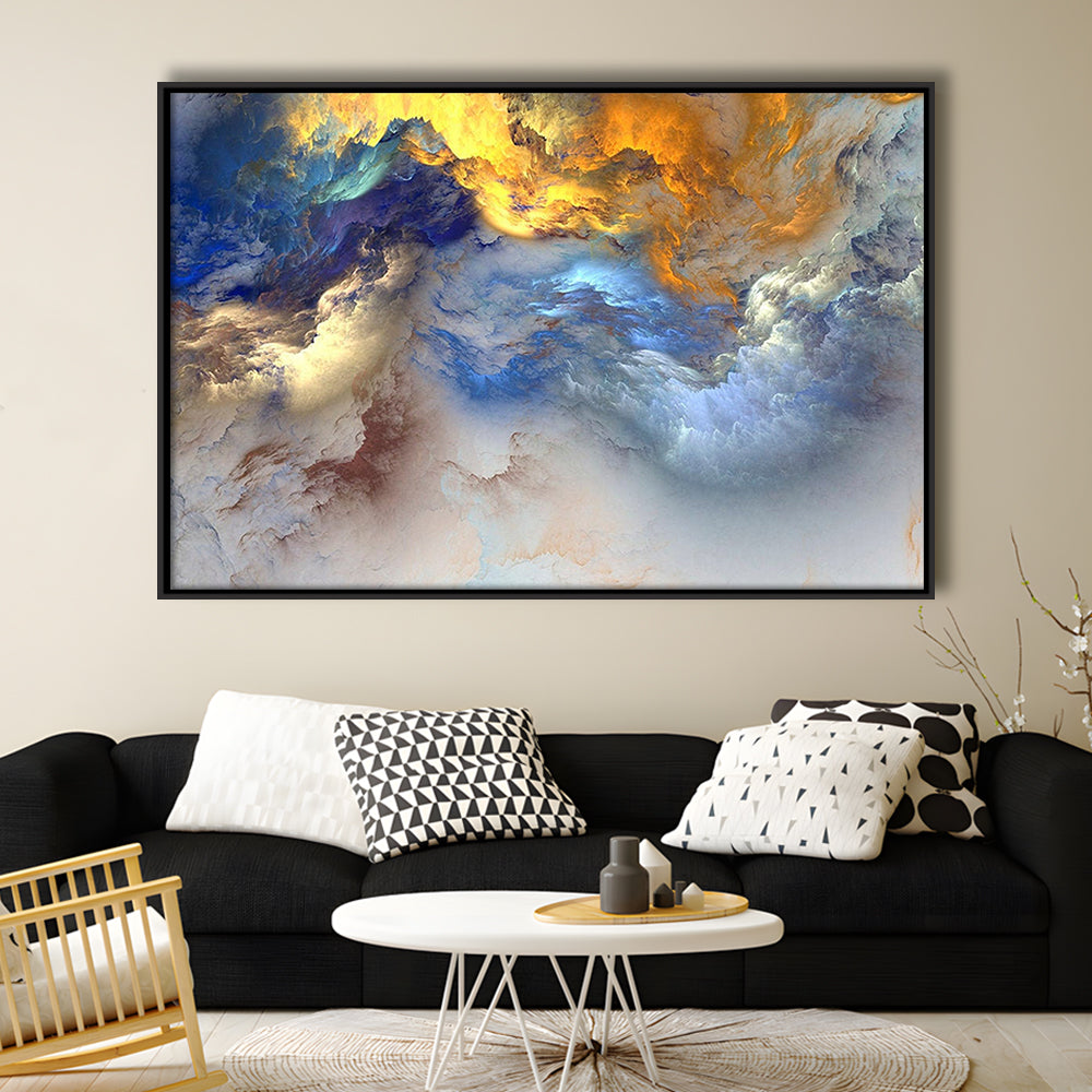 Unreal Colorful Clouds Blue Yellow White Abstract Marble Art, Framed Canvas Print Wall Art, Floating Frame