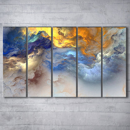 Unreal colorful clouds Blue yellow white abstract marble art, 5 Panel B Canvas Print Wall Art, Extra Large Canvas