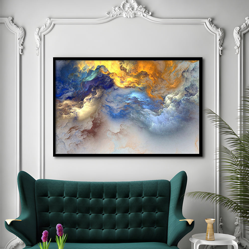 Unreal colorful clouds Blue yellow white abstract marble art, Framed Art Print Wall Decor, Picture Framed