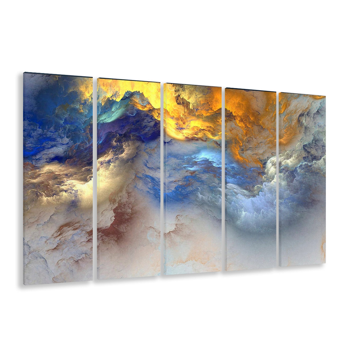 Unreal colorful clouds Blue yellow white abstract marble art, 5 Panel B Canvas Print Wall Art, Extra Large Canvas