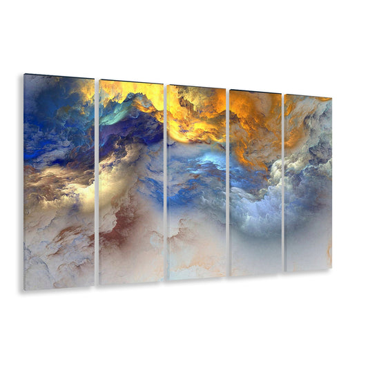 Unreal colorful clouds Blue yellow white abstract marble art, 5 Panel B Canvas Print Wall Art, Extra Large Canvas