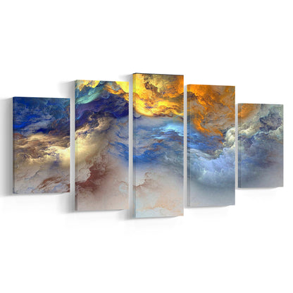 Unreal colorful clouds Blue yellow white abstract marble art, 5 Panel Mixed Canvas Print Wall Art, Large Canvas