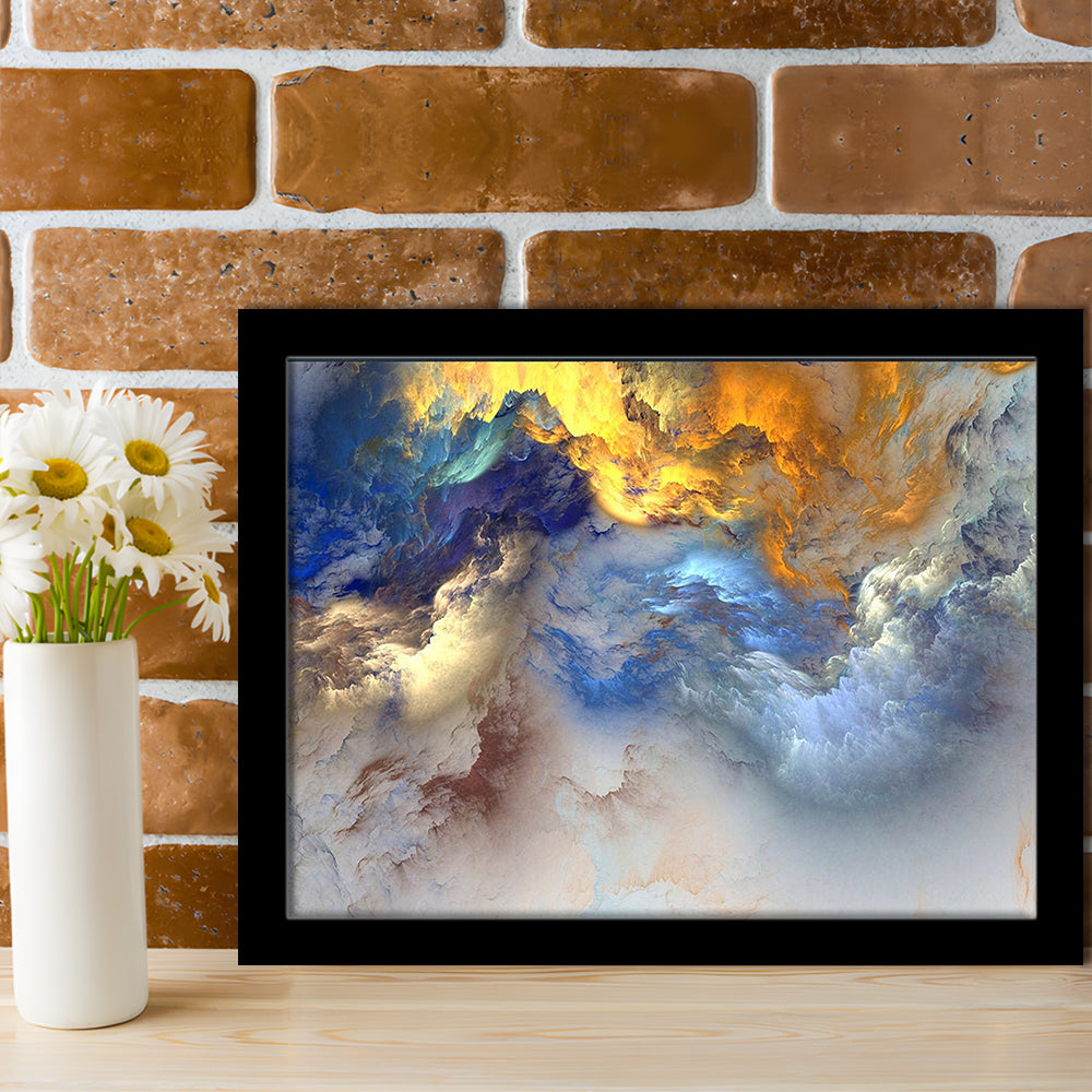 Unreal colorful clouds Blue yellow white abstract marble art, Framed Art Print Wall Decor, Picture Framed
