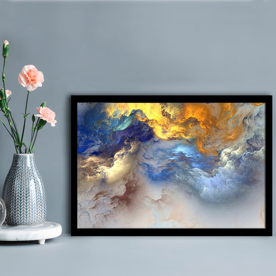 Unreal colorful clouds Blue yellow white abstract marble art, Framed Art Print Wall Decor, Picture Framed