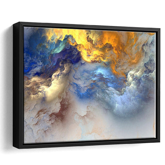 Unreal Colorful Clouds Blue Yellow White Abstract Marble Art, Framed Canvas Print Wall Art, Floating Frame