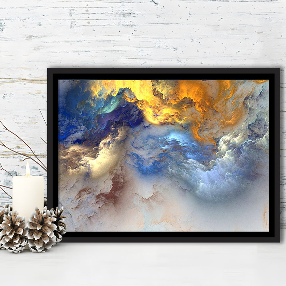 Unreal Colorful Clouds Blue Yellow White Abstract Marble Art, Framed Canvas Print Wall Art, Floating Frame