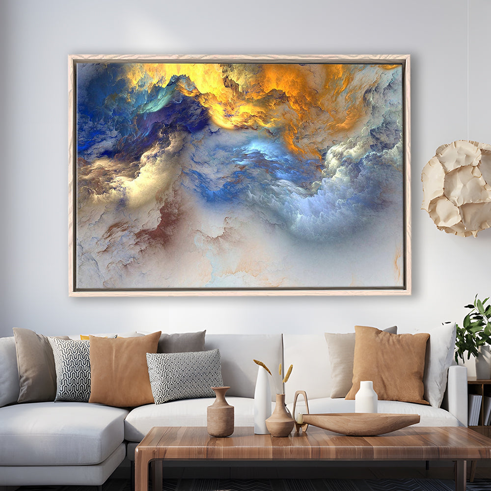 Unreal Colorful Clouds Blue Yellow White Abstract Marble Art, Framed Canvas Print Wall Art, Floating Frame