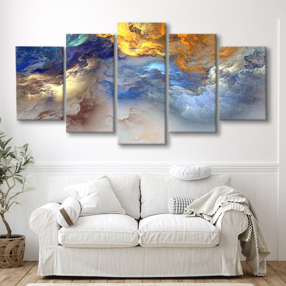 Unreal colorful clouds Blue yellow white abstract marble art, 5 Panel Mixed Canvas Print Wall Art, Large Canvas