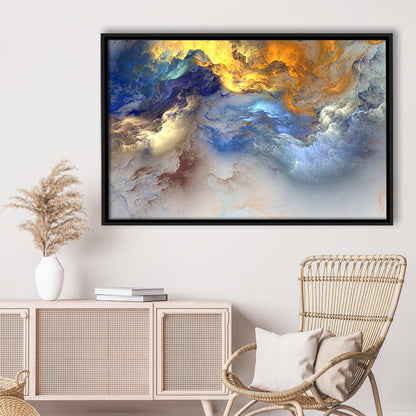 Unreal Colorful Clouds Blue Yellow White Abstract Marble Art, Framed Canvas Print Wall Art, Floating Frame