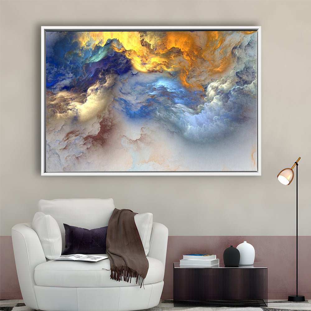 Unreal Colorful Clouds Blue Yellow White Abstract Marble Art, Framed Canvas Print Wall Art, Floating Frame