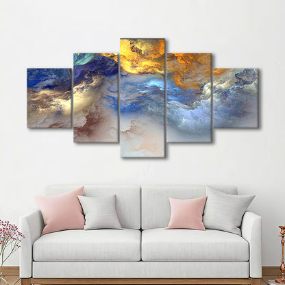 Unreal colorful clouds Blue yellow white abstract marble art, 5 Panel Mixed Canvas Print Wall Art, Large Canvas