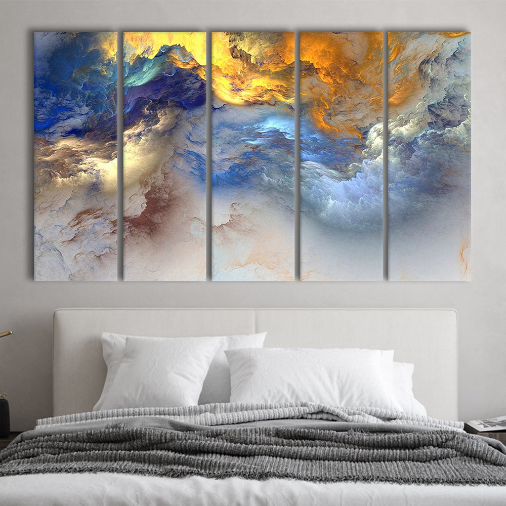 Unreal colorful clouds Blue yellow white abstract marble art, 5 Panel B Canvas Print Wall Art, Extra Large Canvas