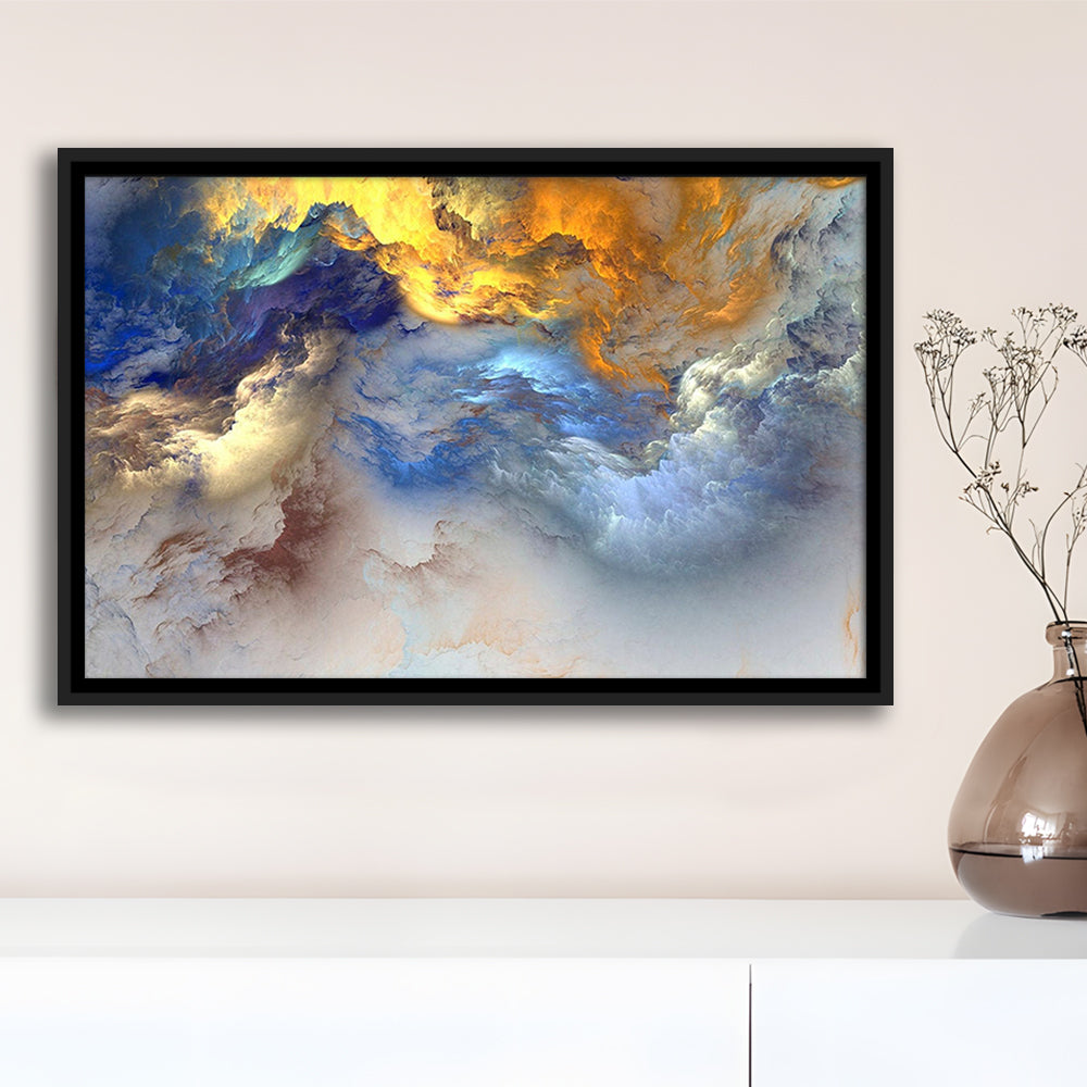 Unreal Colorful Clouds Blue Yellow White Abstract Marble Art, Framed Canvas Print Wall Art, Floating Frame