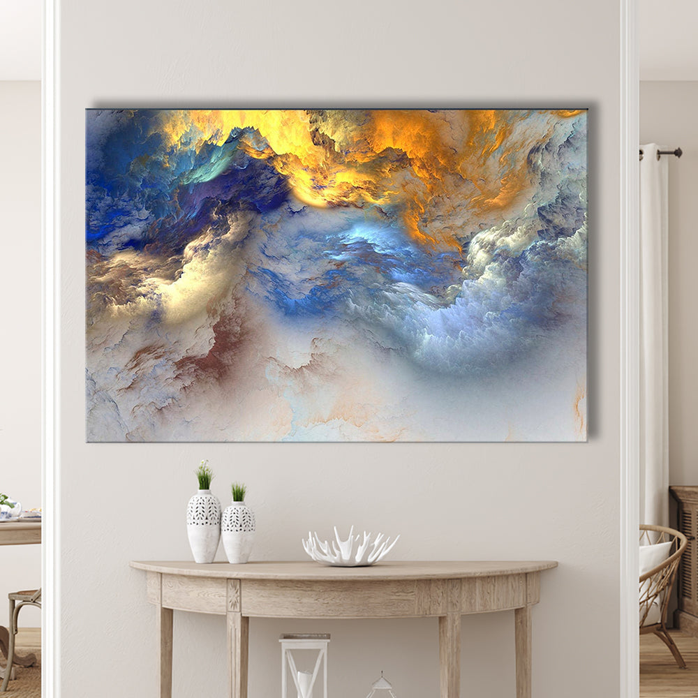 Unreal Colorful Clouds Blue Yellow White Abstract Marble Art, Canvas Print Wall Art, Wall Decor, Painting Canvas