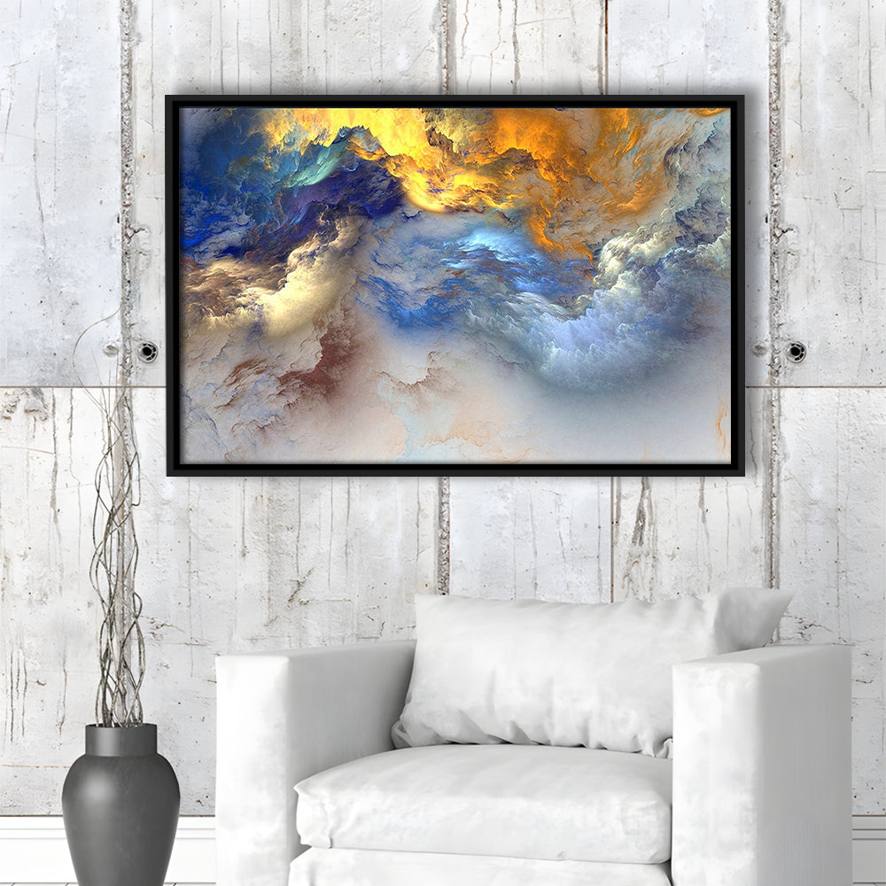 Unreal Colorful Clouds Blue Yellow White Abstract Marble Art, Framed Canvas Print Wall Art, Floating Frame