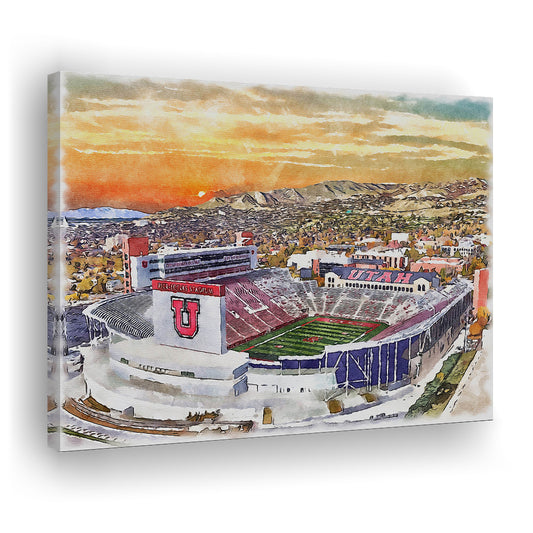 Utah Utes, Rice-Eccles Painting Stadium Watercolor, Sport Art, Gifts for him, Canvas Print Wall Art
