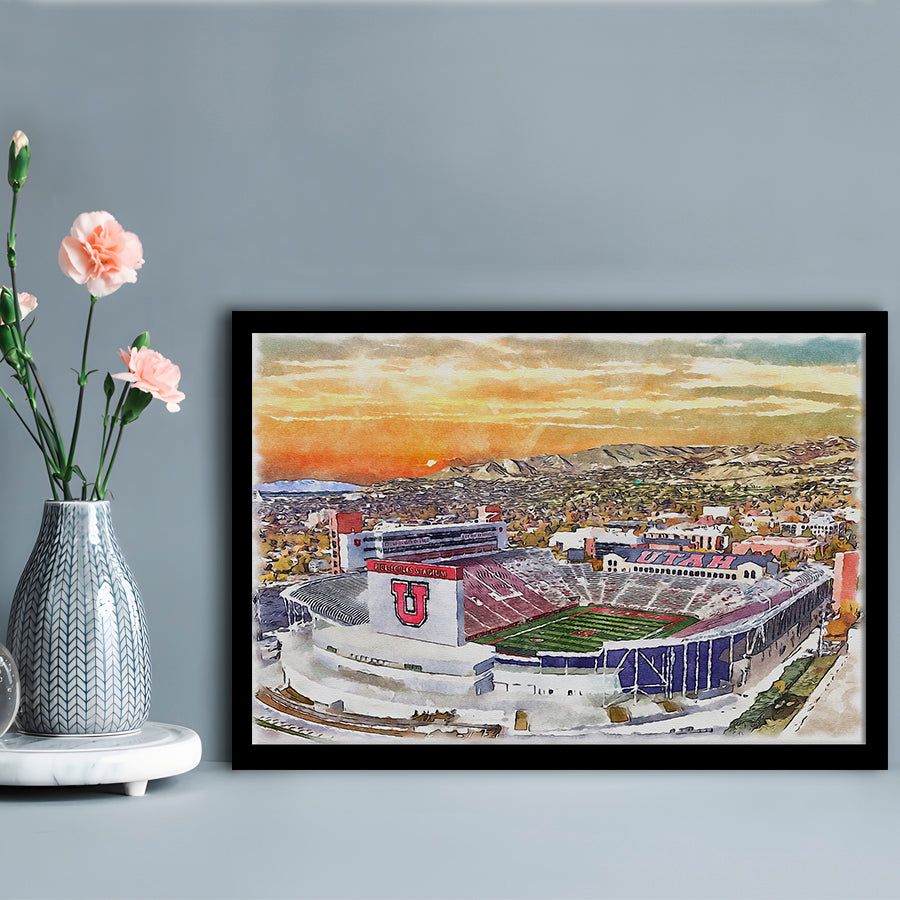 Utah Utes, Rice-Eccles Painting Stadium Watercolor, Sport Gift Art, Framed Art Print Wall Decor