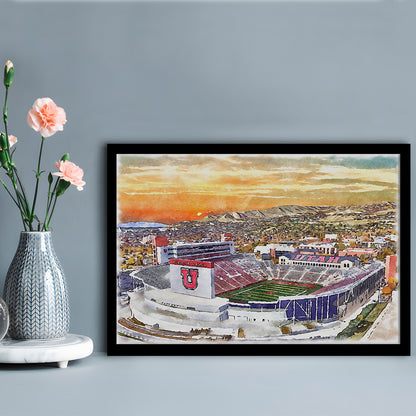 Utah Utes, Rice-Eccles Painting Stadium Watercolor, Sport Gift Art, Framed Art Print Wall Decor