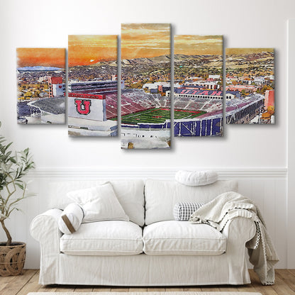 Utah Utes, Rice-Eccles Painting Stadium Watercolor, Sport Art, Mixed 5 Panel, Canvas Print Wall Art