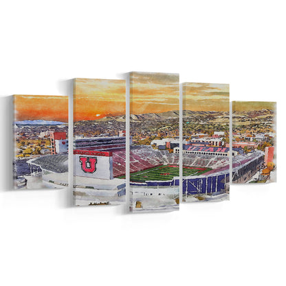 Utah Utes, Rice-Eccles Painting Stadium Watercolor, Sport Art, Mixed 5 Panel, Canvas Print Wall Art