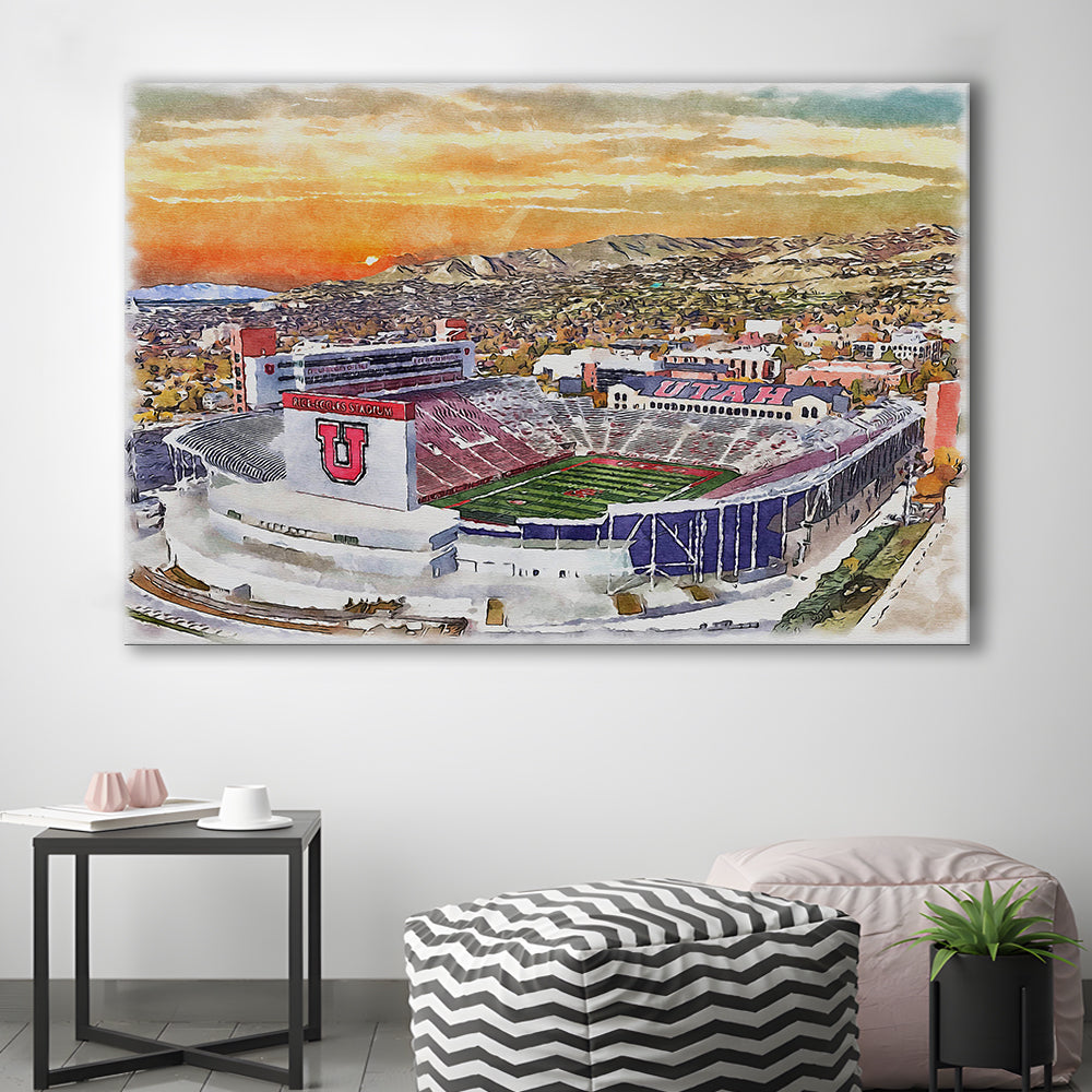 Utah Utes, Rice-Eccles Painting Stadium Watercolor, Sport Art, Gifts for him, Canvas Print Wall Art