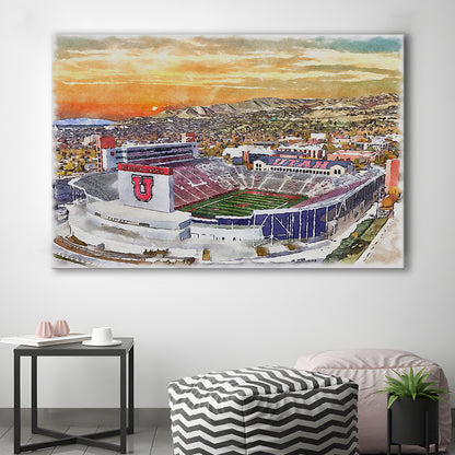 Utah Utes, Rice-Eccles Painting Stadium Watercolor, Sport Art, Gifts for him, Canvas Print Wall Art