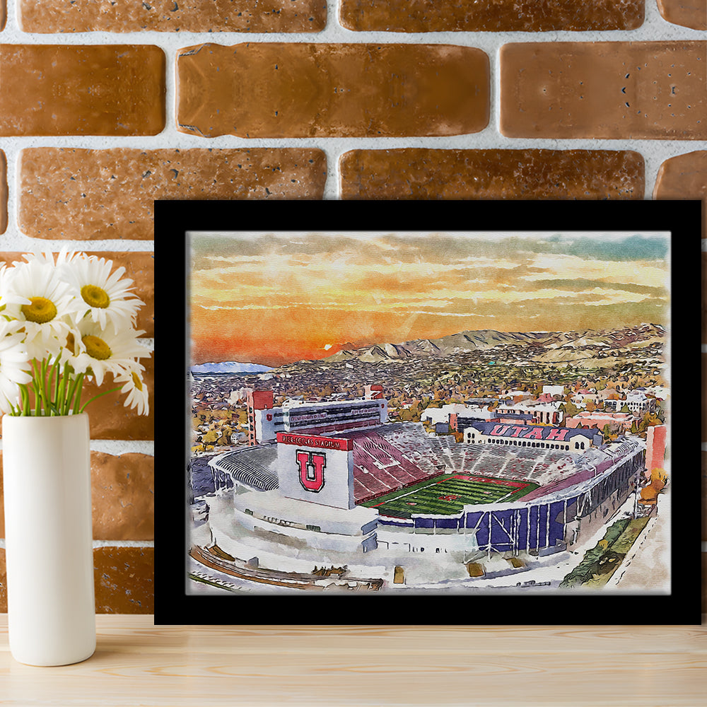 Utah Utes, Rice-Eccles Painting Stadium Watercolor, Sport Gift Art, Framed Art Print Wall Decor