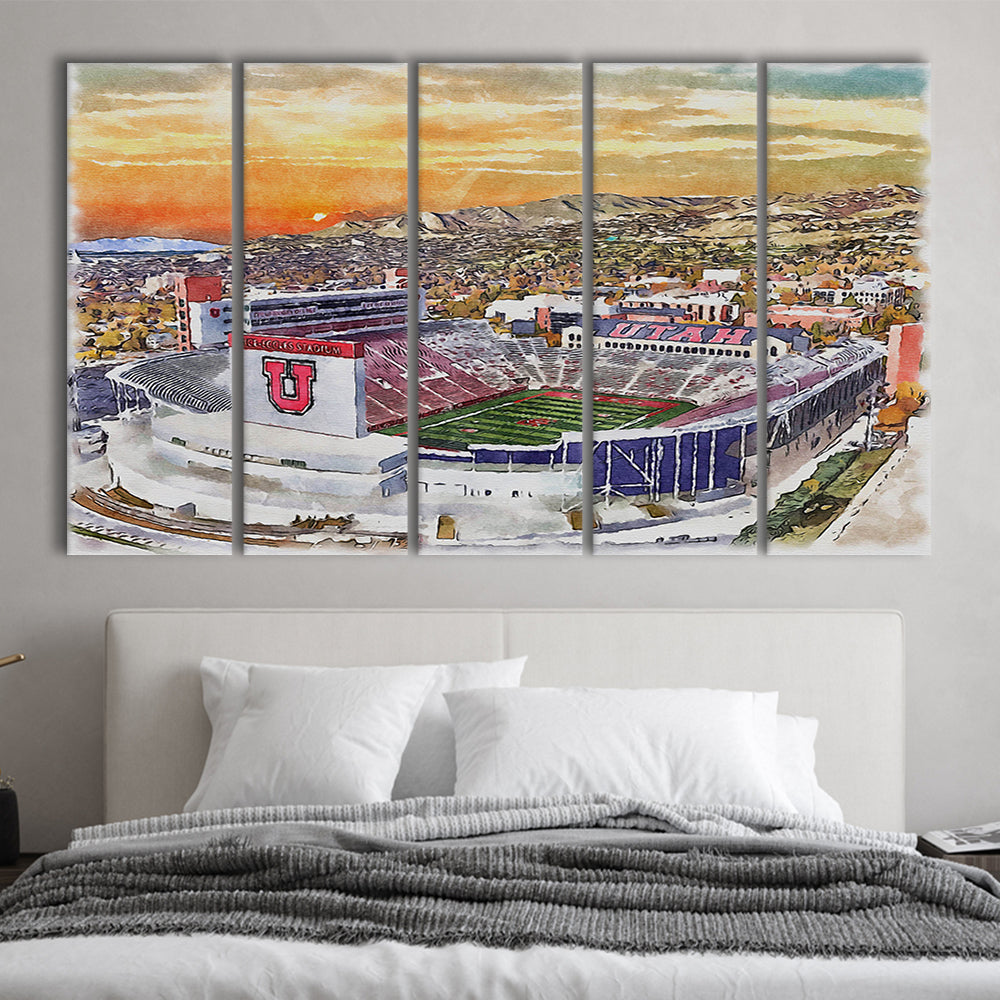 Utah Utes, Rice-Eccles Painting Stadium Watercolor, Sport Art, Extra Large Canvas Print Wall Art
